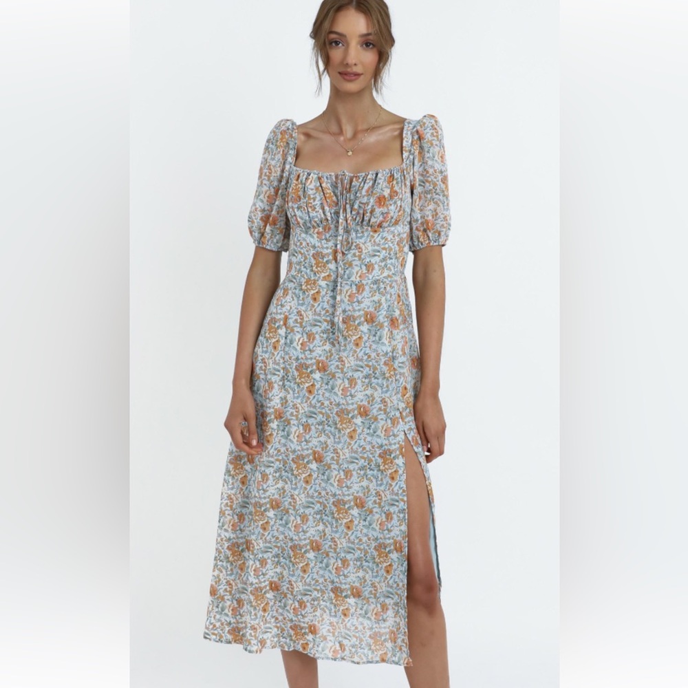 PETAL & PUP blue and coral midi dress with puff sleeves